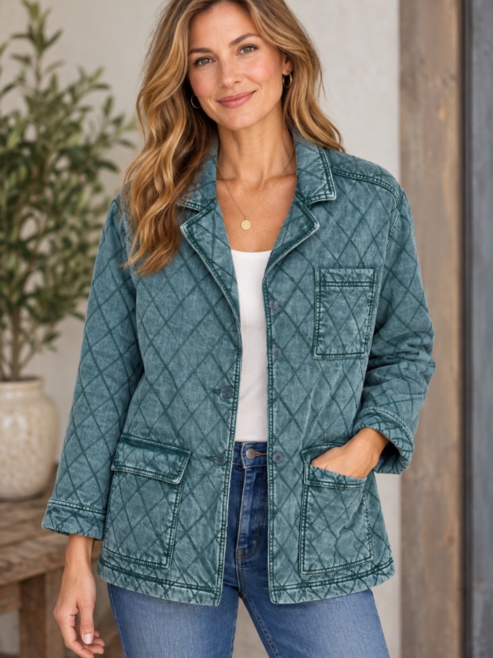 YFB Young Fabulous & Broke Walker Quilted Jacket M Teal Green Mineral Wash